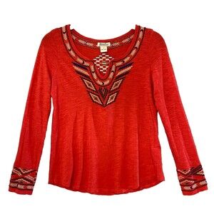 Lucky Brand Red Embroidered Tunic Top Long Sleeve Boho‎ Tribal Size SP
